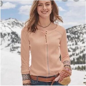 Sundance Caitlyn henley peach waffle knit embellished sleeves thermal knit Y2K S